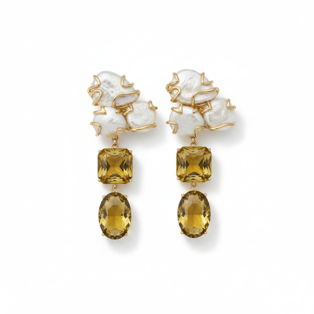 LUP185-LUCIA PIÑA-Aretes de perlas naturales  con cristales   -S1508