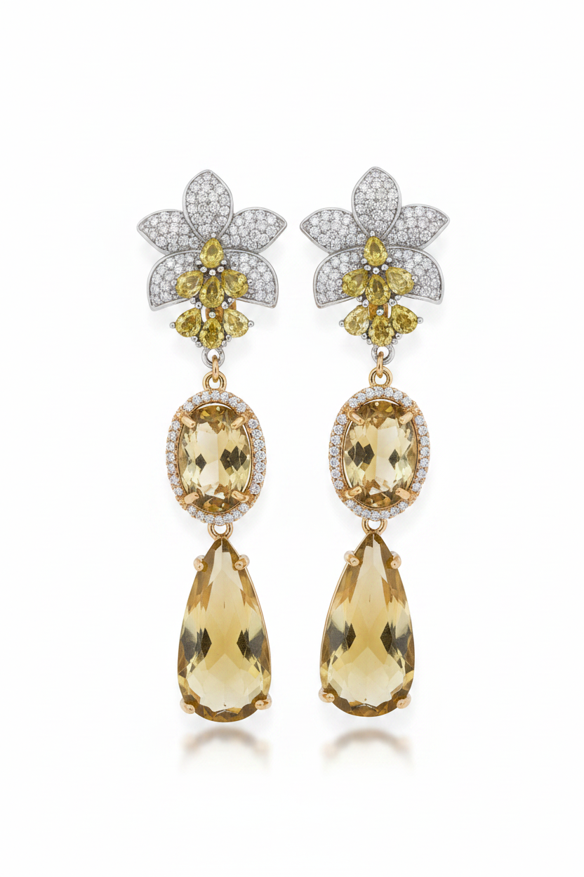 LUP186-LUCIA PIÑA-Aretes de flor en zirconias con piedras naturales y cristales   -S1508