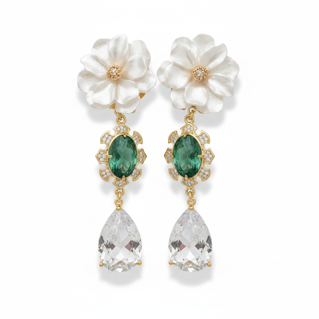 LUP189-LUCIA PIÑA-Aretes de flor en resina con piedras naturales  -S1508