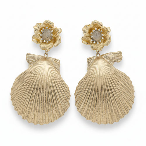 LUP194-LUCIA PIÑA-Aretes de conchas con flor y piedras naturales -S1856