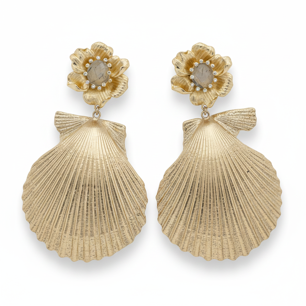 LUP194-LUCIA PIÑA-Aretes de conchas con flor y piedras naturales -S1856
