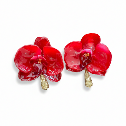 LUP34-LUCIA PIÑA-ARETES DE ORQUÍDEAS SINTÉTICAS EN BAÑO DE RESINA Y CRISTALES   -S1624