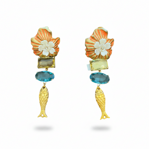 LUP53-LUCIA PIÑA -ARETES DE FLORES EN RESINA CON CRISTALES Y PEZ EN BAÑO DE ORO  -S1508