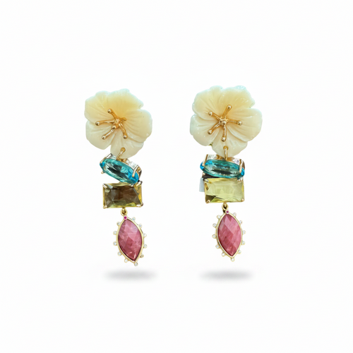 LUP51-LUCIA PIÑA -ARETES DE FLORES EN RESINA CON PIEDRA NATURAL Y CRISTALES  -S1508
