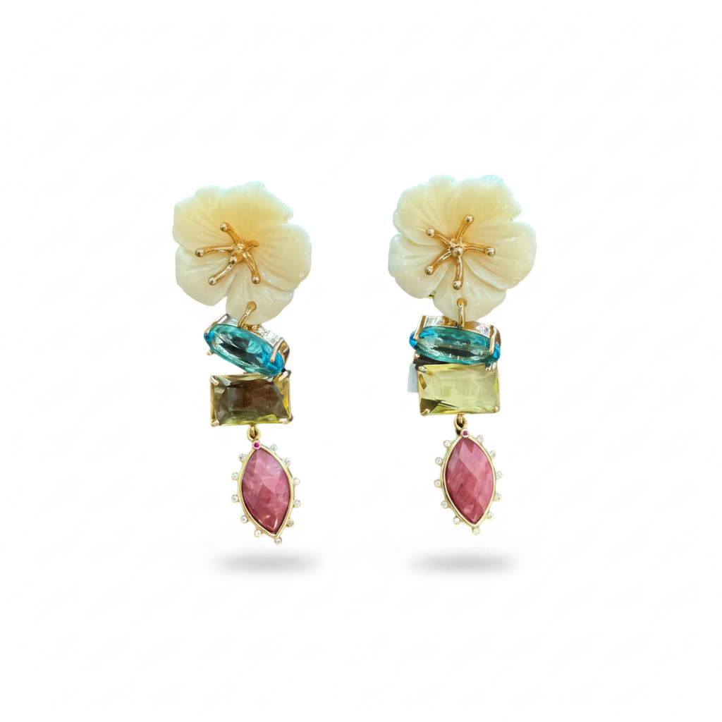 LUP51-LUCIA PIÑA -ARETES DE FLORES EN RESINA CON PIEDRA NATURAL Y CRISTALES  -S1508