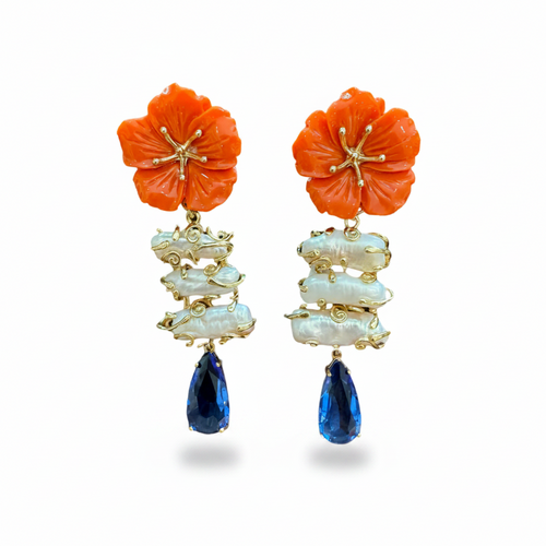 LUP74-LUCIA PIÑA-ARETES DE FLORES EN RESINA CON PERLAS NATURALES Y CRISTAL -S1624