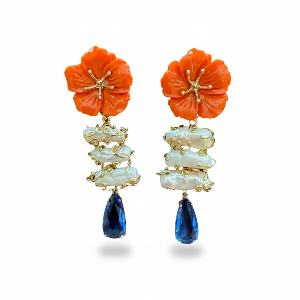 LUP74-LUCIA PIÑA-ARETES DE FLORES EN RESINA CON PERLAS NATURALES Y CRISTAL -S1624