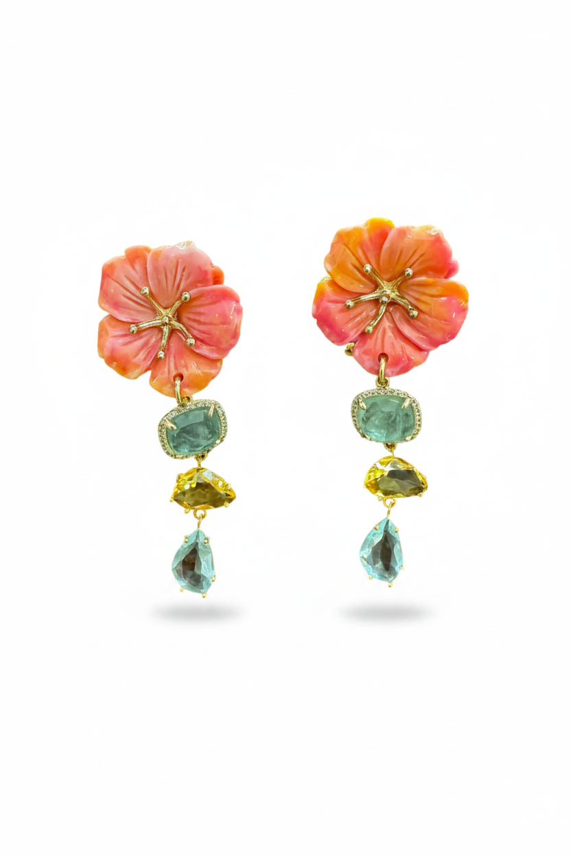 LUP50-LUCIA PIÑA -ARETES DE FLORES EN RESINA CON PIEDRA NATURAL Y CRISTAL  -S1508