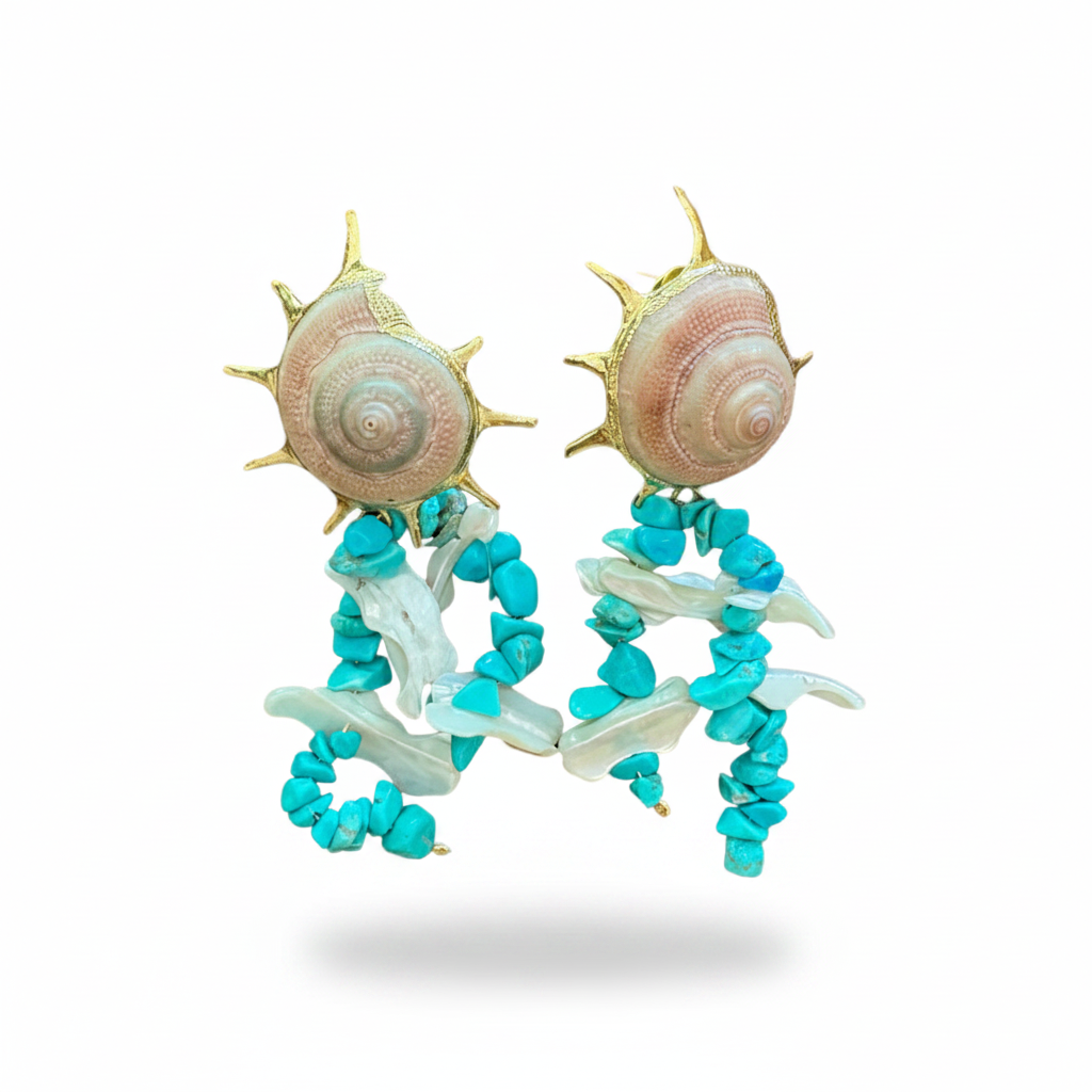 LUP24-LUCIA PIÑA-ARETES DE CARACOLES NATURALES CON CONCHA Y TURQUESA  -S1508