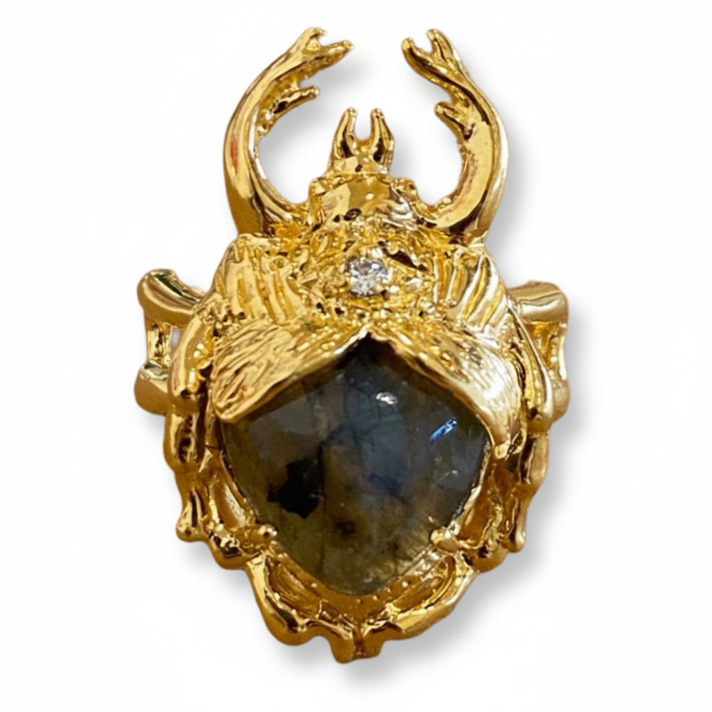 MAN102-MANI MAALAI-ANILLO ESCARABAJO MUSCARI LABRADORITA ZAFIRO TRANSPARENTE-S3590