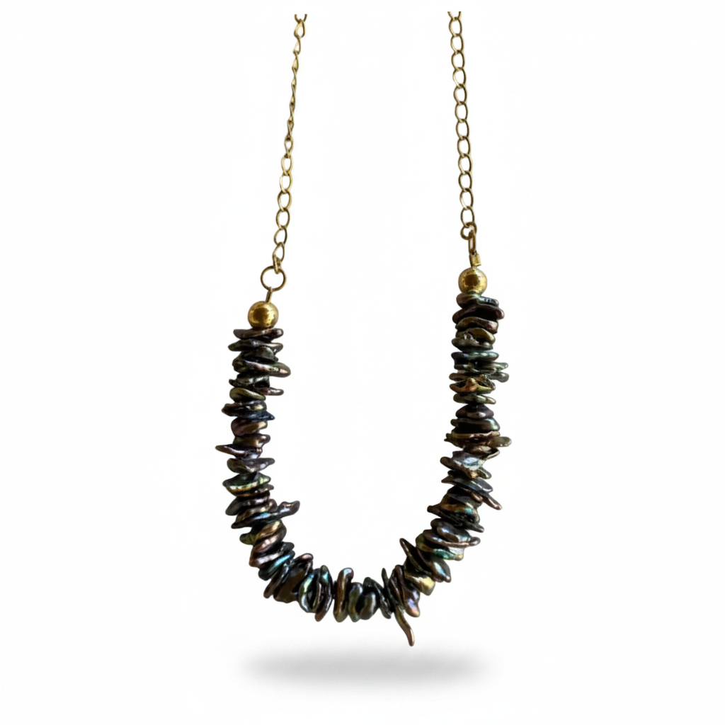 MAN101-MANI MAALAI-COLLAR CORTO PERLA  FLAKES EN CABLE GRIS OBSCURO-S1690